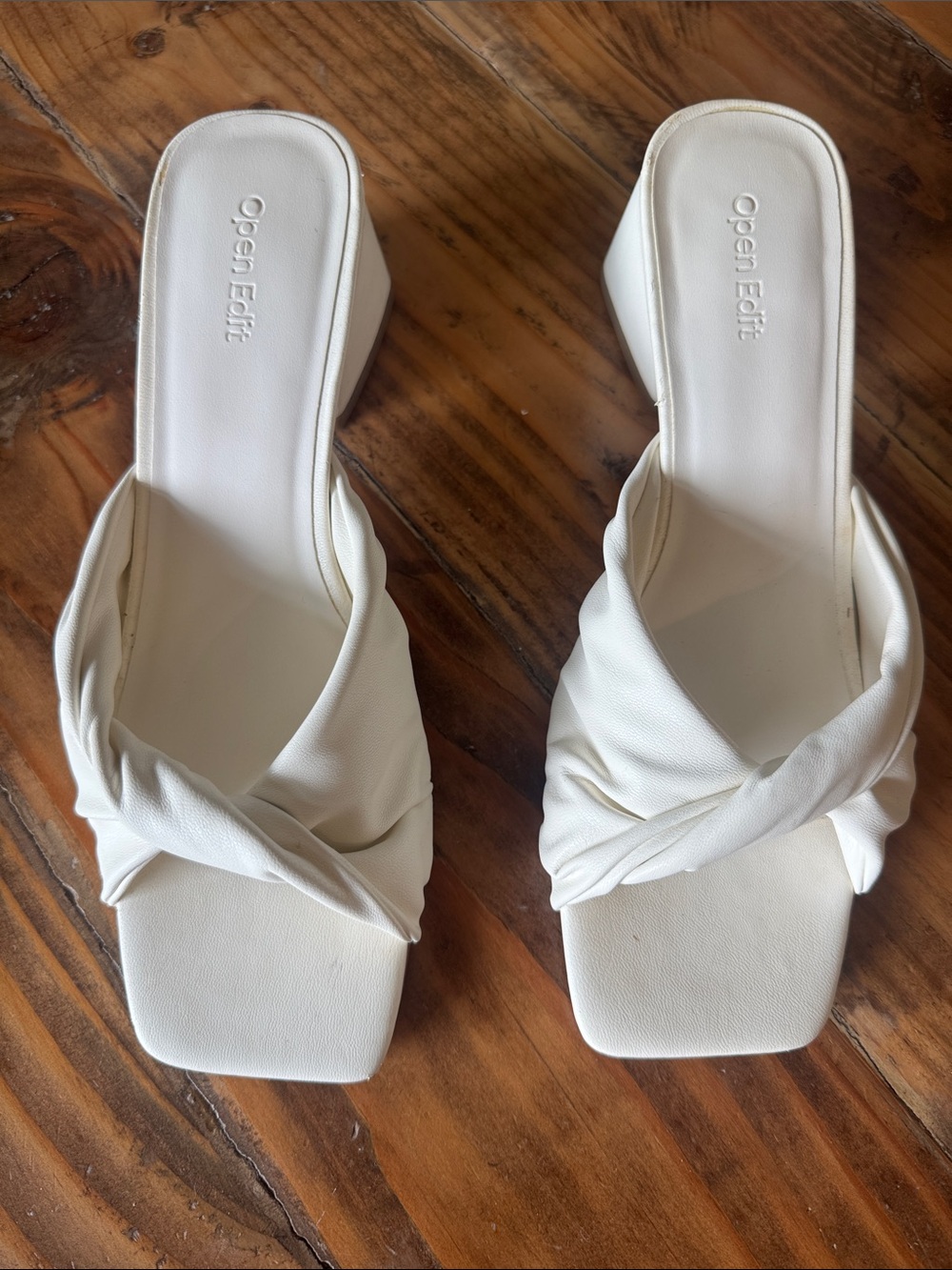 Open Edit White Knotted Slide Heels - Twisted Strap Block Heel